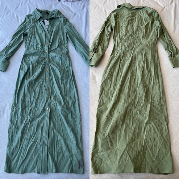 NWT Zara Gathered Linen Blend Shirt Dress S Green Gold Buttons - Picture 5 of 12